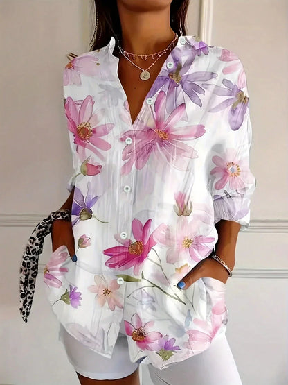 Women's Button Down Shirt Printed Long Sleeve Collared Blouse Casual Vacation Tops