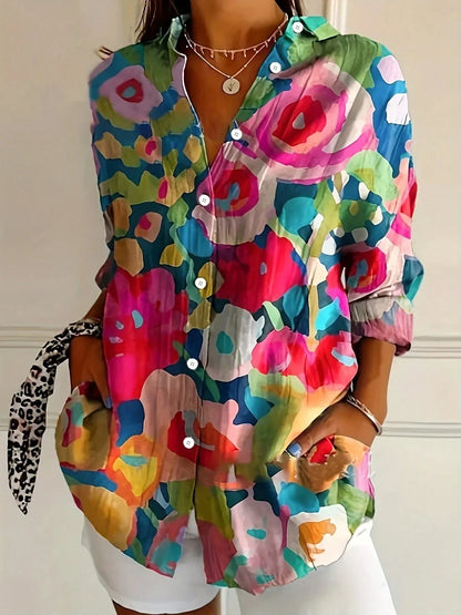 Women's Button Down Shirt Printed Long Sleeve Collared Blouse Casual Vacation Tops