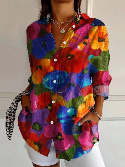 Women's Button Down Shirt Printed Long Sleeve Collared Blouse Casual Vacation Tops