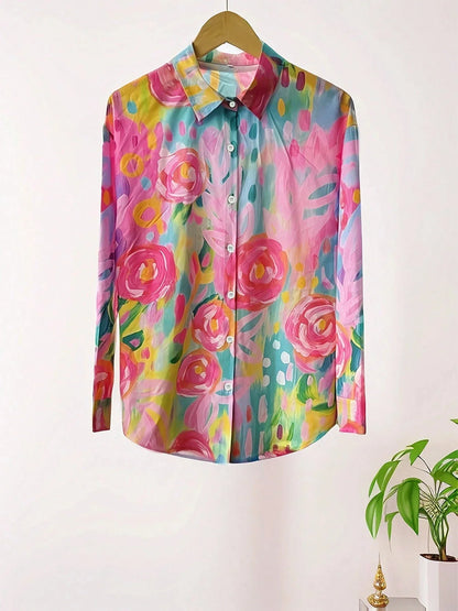 Women's Button Down Shirt Printed Long Sleeve Collared Blouse Casual Vacation Tops