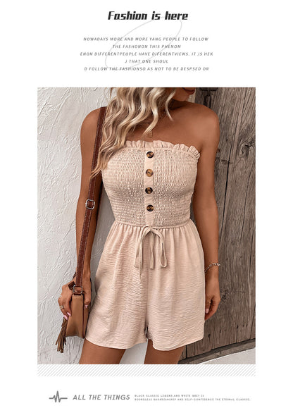 Damen-Strampler mit Knöpfen und Rüschenbesatz, weites Bein, lässiger, bequemer, geraffter, ärmelloser Strampler mit Bindeband vorne, Strampler für Damen, Sommer-Strampler für Damen, Sommer-Outfits, Ausgeh-Outfits 2024