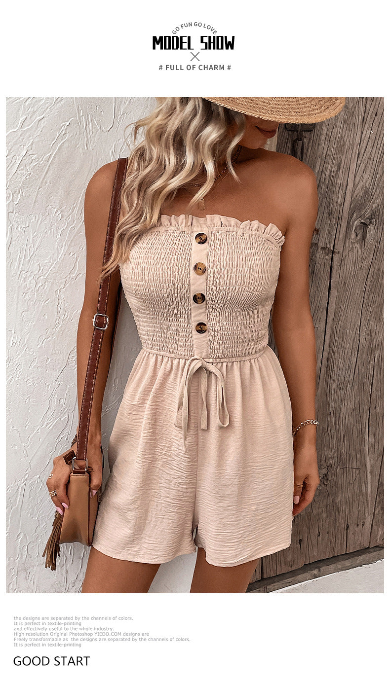 Women's Buttons Frill Trim Wide Leg Tube Romper, Casual Comfort Tie Front Shirred Sleeveless Romper, Rompers for Women, Summer Romper for Lady, Summer Outfits, Going Out Outfits 2024 - Seldom Seen Styles