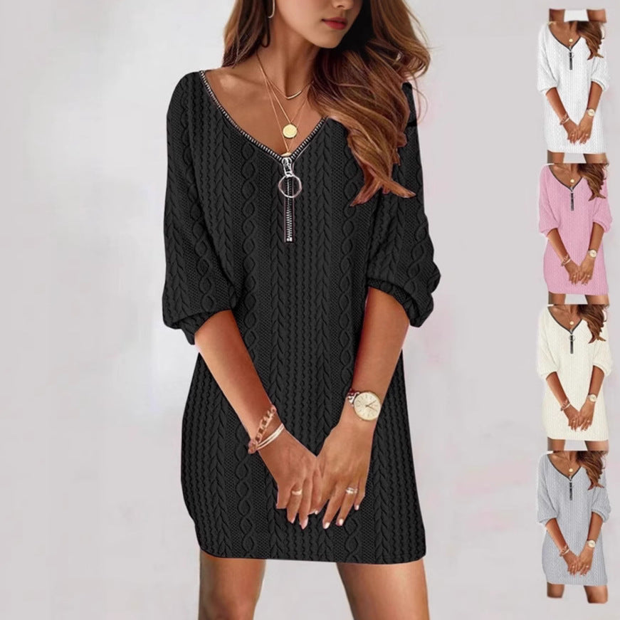 Women's Cable Knit Sweater Dress V Neck Long Sleeve Casual Knit Mini Dress Fall Winter Tunic Dress - Seldom Seen Styles