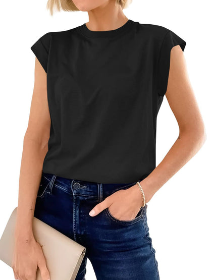 Women's Cap Sleeve T Shirt Casual Crew Neck Loose Fit Basic Tee Summer Everyday Top