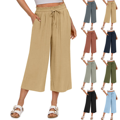 Pantalon Capri pour femme avec cordon de serrage, pantalon Palazzo décontracté avec poches, pantalon de détente ample taille haute à jambes larges
