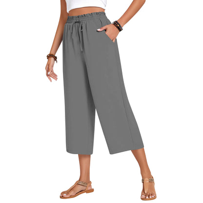 Pantalon Capri pour femme avec cordon de serrage, pantalon Palazzo décontracté avec poches, pantalon de détente ample taille haute à jambes larges