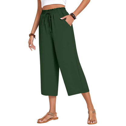 Pantalon Capri pour femme avec cordon de serrage, pantalon Palazzo décontracté avec poches, pantalon de détente ample taille haute à jambes larges