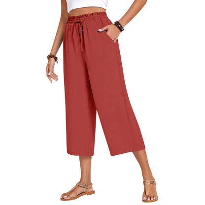 Pantalon Capri pour femme avec cordon de serrage, pantalon Palazzo décontracté avec poches, pantalon de détente ample taille haute à jambes larges