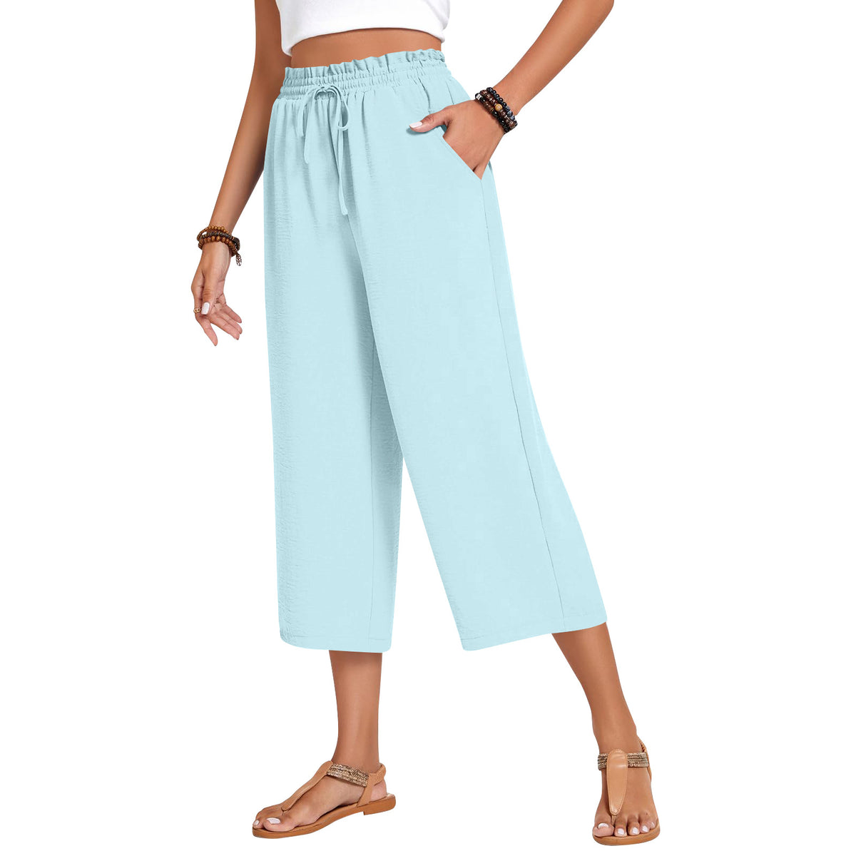 Women's Capri Pants Drawstring Casual Palazzo Trousers with Pockets Loose High Waisted Wide Leg Lounge Pants - Seldom Seen Styles