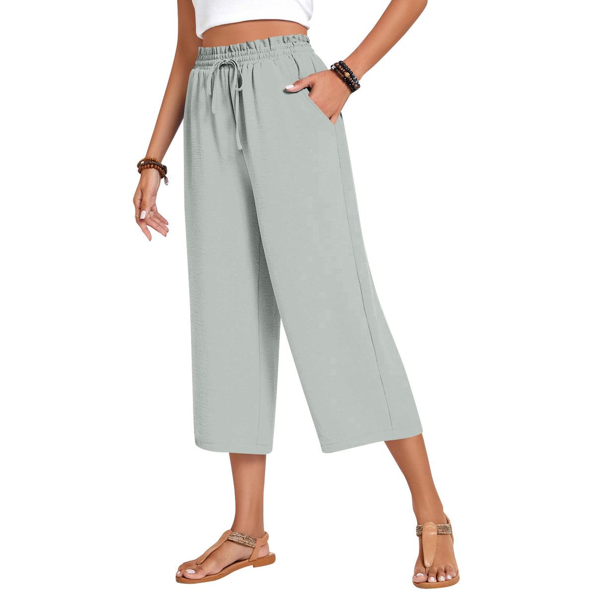 Women's Capri Pants Drawstring Casual Palazzo Trousers with Pockets Loose High Waisted Wide Leg Lounge Pants - Seldom Seen Styles