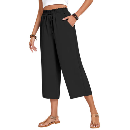 Pantalon Capri pour femme avec cordon de serrage, pantalon Palazzo décontracté avec poches, pantalon de détente ample taille haute à jambes larges