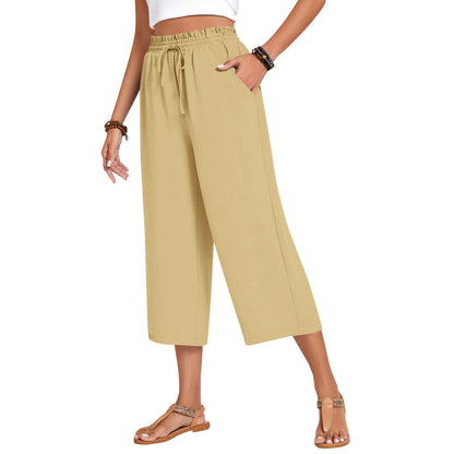 Pantalon Capri pour femme avec cordon de serrage, pantalon Palazzo décontracté avec poches, pantalon de détente ample taille haute à jambes larges