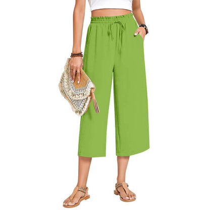 Pantalon Capri pour femme avec cordon de serrage, pantalon Palazzo décontracté avec poches, pantalon de détente ample taille haute à jambes larges