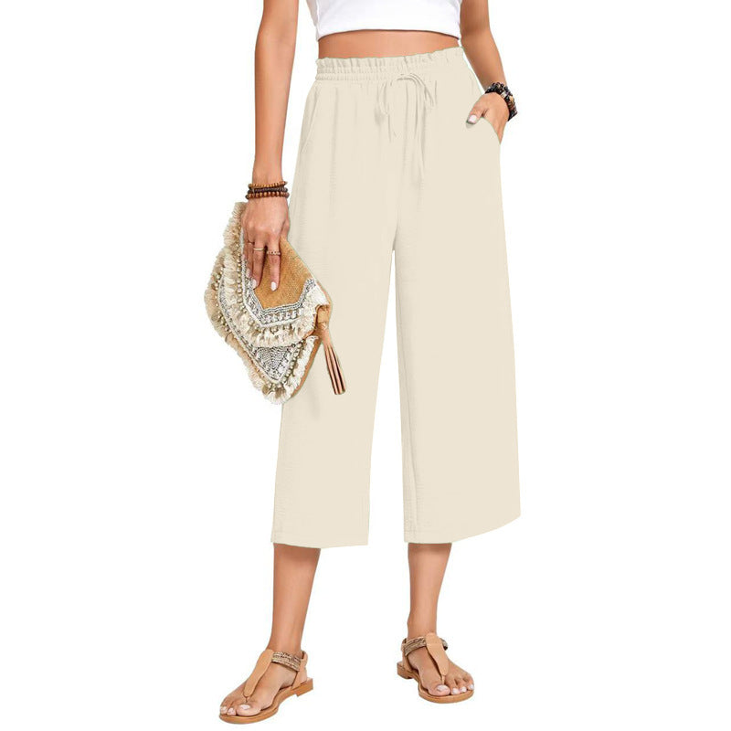 Women's Capri Pants Drawstring Casual Palazzo Trousers with Pockets Loose High Waisted Wide Leg Lounge Pants - Seldom Seen Styles
