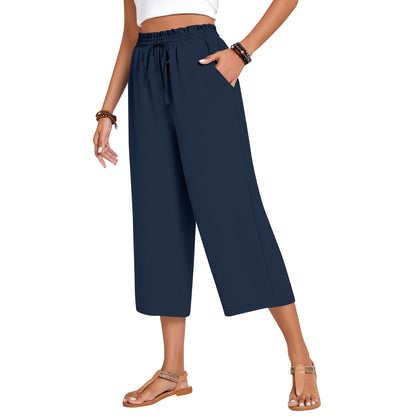 Pantalon Capri pour femme avec cordon de serrage, pantalon Palazzo décontracté avec poches, pantalon de détente ample taille haute à jambes larges
