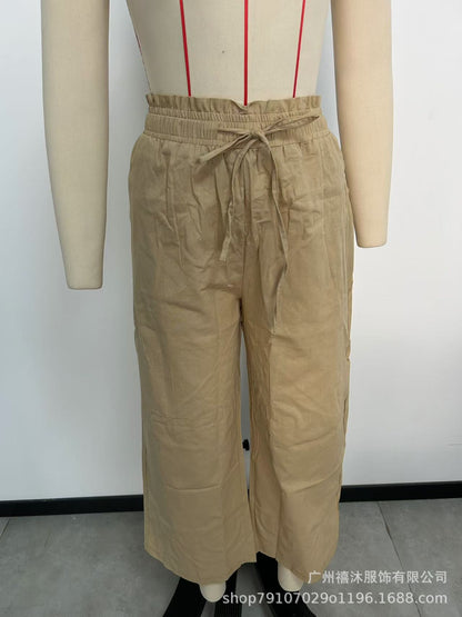 Pantalon Capri pour femme avec cordon de serrage, pantalon Palazzo décontracté avec poches, pantalon de détente ample taille haute à jambes larges