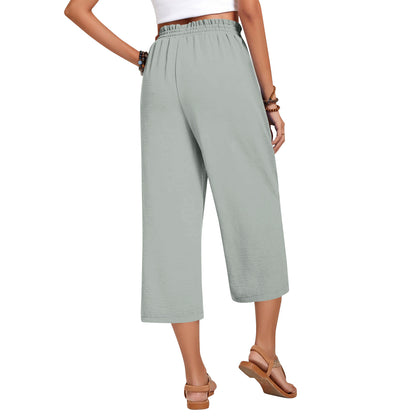 Pantalon Capri pour femme avec cordon de serrage, pantalon Palazzo décontracté avec poches, pantalon de détente ample taille haute à jambes larges