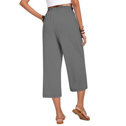 Pantalon Capri pour femme avec cordon de serrage, pantalon Palazzo décontracté avec poches, pantalon de détente ample taille haute à jambes larges