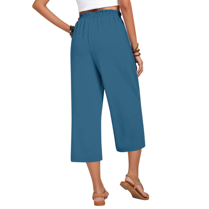 Pantalon Capri pour femme avec cordon de serrage, pantalon Palazzo décontracté avec poches, pantalon de détente ample taille haute à jambes larges