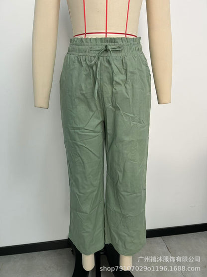 Pantalon Capri pour femme avec cordon de serrage, pantalon Palazzo décontracté avec poches, pantalon de détente ample taille haute à jambes larges