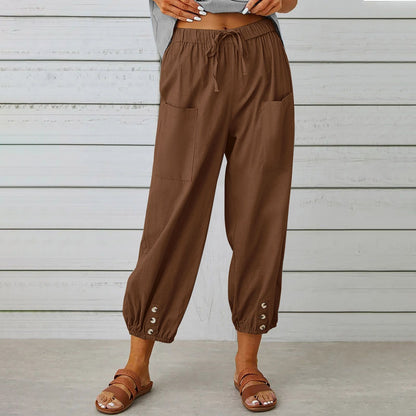 Damen Caprihose, hohe Taille, Kordelzug, Cinch-Sohle mit Knopf, Baumwolle, lockere Freizeithose mit Taschen