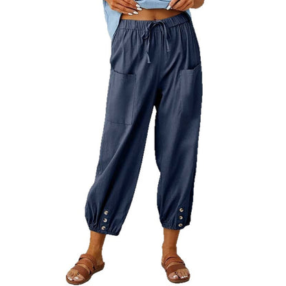 Damen Caprihose, hohe Taille, Kordelzug, Cinch-Sohle mit Knopf, Baumwolle, lockere Freizeithose mit Taschen
