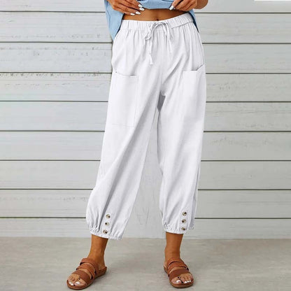 Damen Caprihose, hohe Taille, Kordelzug, Cinch-Sohle mit Knopf, Baumwolle, lockere Freizeithose mit Taschen