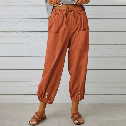 Damen Caprihose, hohe Taille, Kordelzug, Cinch-Sohle mit Knopf, Baumwolle, lockere Freizeithose mit Taschen