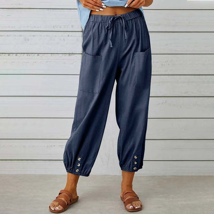 Damen Caprihose, hohe Taille, Kordelzug, Cinch-Sohle mit Knopf, Baumwolle, lockere Freizeithose mit Taschen