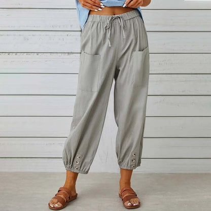Damen Caprihose, hohe Taille, Kordelzug, Cinch-Sohle mit Knopf, Baumwolle, lockere Freizeithose mit Taschen