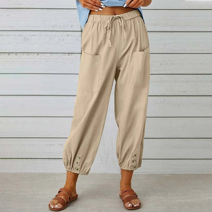 Damen Caprihose, hohe Taille, Kordelzug, Cinch-Sohle mit Knopf, Baumwolle, lockere Freizeithose mit Taschen