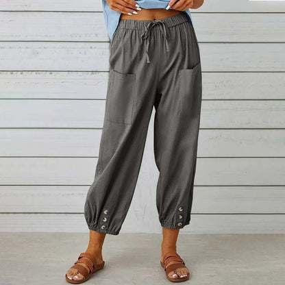 Damen Caprihose, hohe Taille, Kordelzug, Cinch-Sohle mit Knopf, Baumwolle, lockere Freizeithose mit Taschen