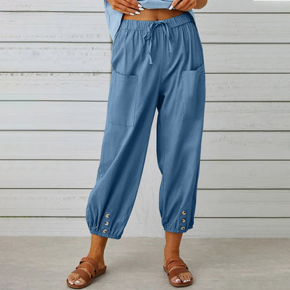 Damen Caprihose, hohe Taille, Kordelzug, Cinch-Sohle mit Knopf, Baumwolle, lockere Freizeithose mit Taschen