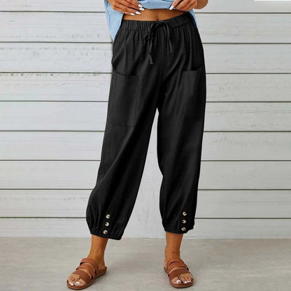 Damen Caprihose, hohe Taille, Kordelzug, Cinch-Sohle mit Knopf, Baumwolle, lockere Freizeithose mit Taschen