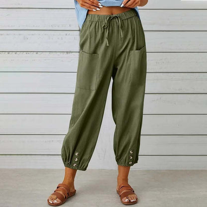 Damen Caprihose, hohe Taille, Kordelzug, Cinch-Sohle mit Knopf, Baumwolle, lockere Freizeithose mit Taschen