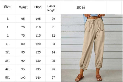 Damen Caprihose, hohe Taille, Kordelzug, Cinch-Sohle mit Knopf, Baumwolle, lockere Freizeithose mit Taschen