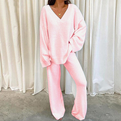 Women's Casual 2-Piece Lounge Set Soft Chunky V Neck Tops Wide Leg Long Pants Basic Tracksuit Lounge Wear Minimalist Womenswear