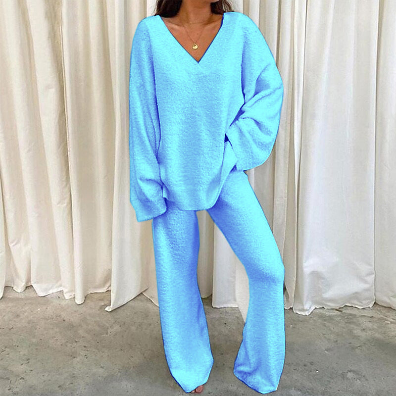 Women's Casual 2-Piece Lounge Set Soft Chunky V Neck Tops Wide Leg Long Pants Basic Tracksuit Lounge Wear Minimalist Womenswear - Seldom Seen Styles