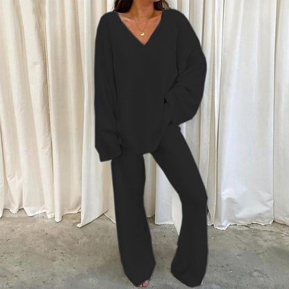 Women's Casual 2-Piece Lounge Set Soft Chunky V Neck Tops Wide Leg Long Pants Basic Tracksuit Lounge Wear Minimalist Womenswear