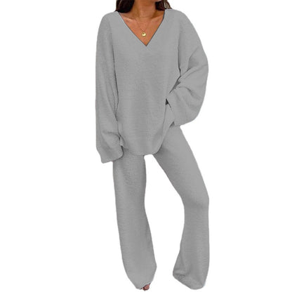 Women's Casual 2-Piece Lounge Set Soft Chunky V Neck Tops Wide Leg Long Pants Basic Tracksuit Lounge Wear Minimalist Womenswear