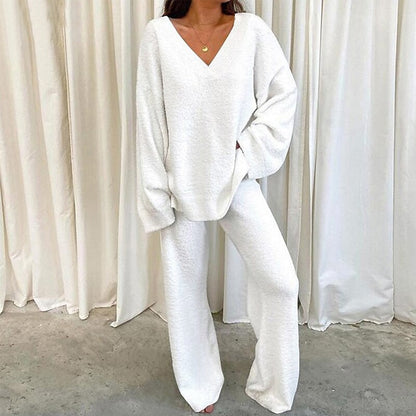 Women's Casual 2-Piece Lounge Set Soft Chunky V Neck Tops Wide Leg Long Pants Basic Tracksuit Lounge Wear Minimalist Womenswear