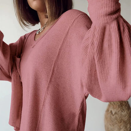 Damen Casual Basic V-Ausschnitt Rippstrick Shirts Pullover Tunika Tops Lose Ballonärmel Blusen Top