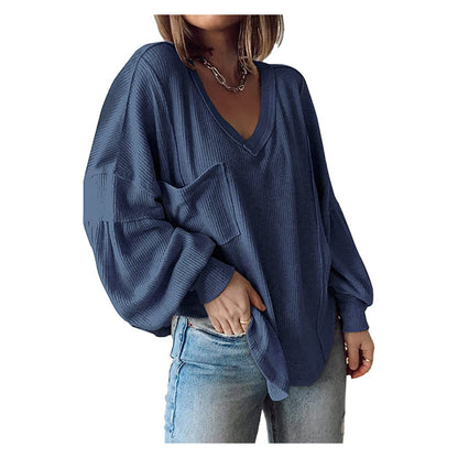 Damen Casual Basic V-Ausschnitt Rippstrick Shirts Pullover Tunika Tops Lose Ballonärmel Blusen Top