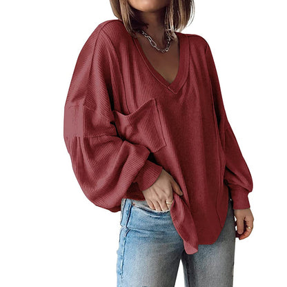 Damen Casual Basic V-Ausschnitt Rippstrick Shirts Pullover Tunika Tops Lose Ballonärmel Blusen Top