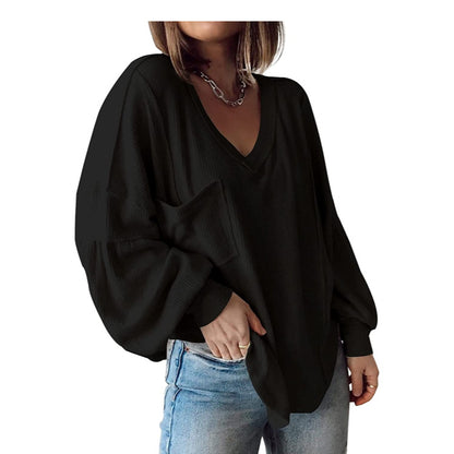 Damen Casual Basic V-Ausschnitt Rippstrick Shirts Pullover Tunika Tops Lose Ballonärmel Blusen Top