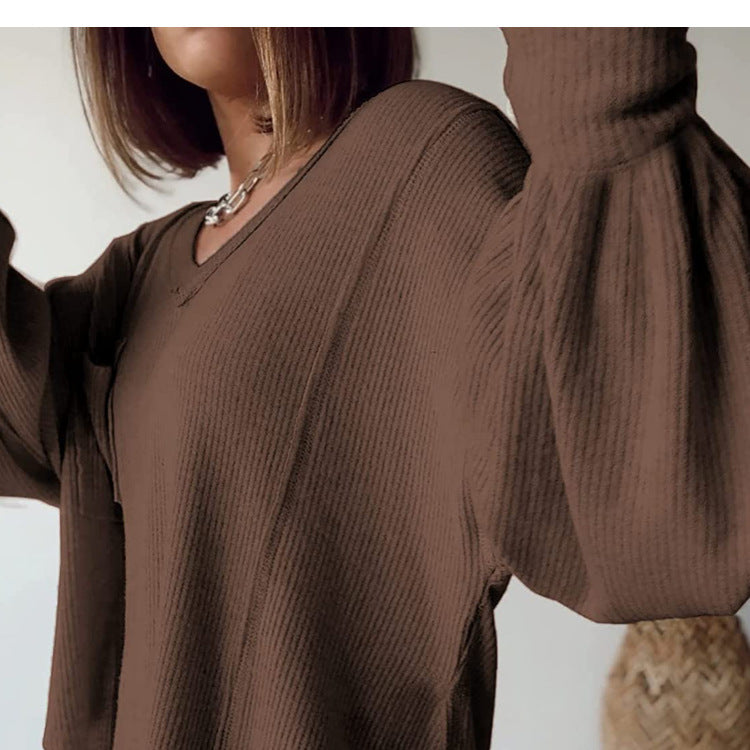 Women's Casual Basic V-Neck Ribbed Knitted Shirts Pullover Tunic Tops Loose Balloon Sleeve Blouses Top - Seldom Seen Styles