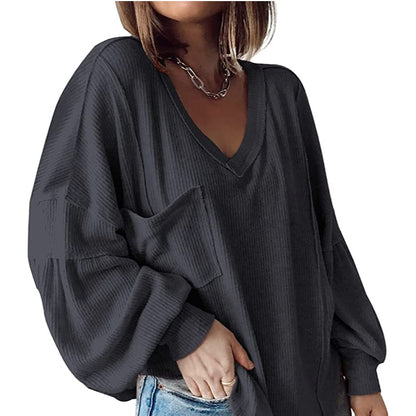 Damen Casual Basic V-Ausschnitt Rippstrick Shirts Pullover Tunika Tops Lose Ballonärmel Blusen Top