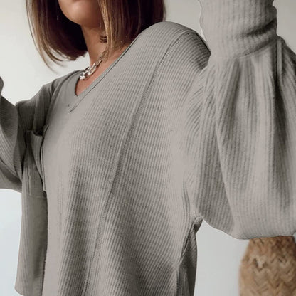 Damen Casual Basic V-Ausschnitt Rippstrick Shirts Pullover Tunika Tops Lose Ballonärmel Blusen Top
