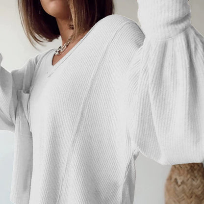 Damen Casual Basic V-Ausschnitt Rippstrick Shirts Pullover Tunika Tops Lose Ballonärmel Blusen Top