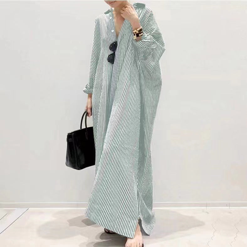 Women's Casual Long Sleeve Button Down Loose Striped Cotton Maxi Shirt Dress - Seldom Seen Styles
